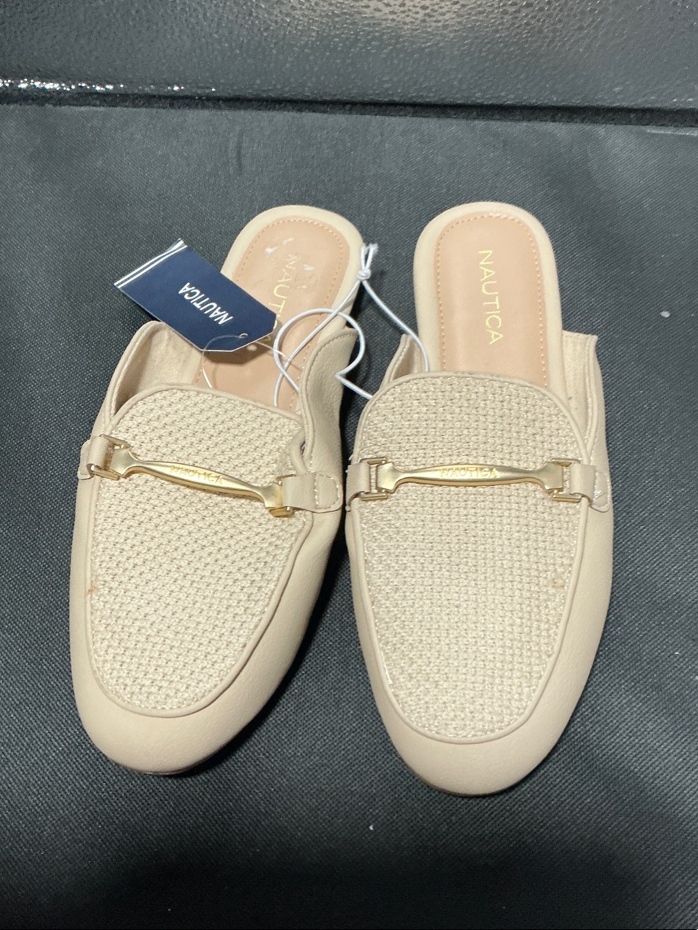 Nautica Women's Beige Woven Slip-On Mules with Gold Accent
